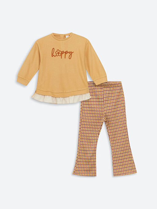 Bisiklet Yaka Nak??l? K?z ?ocuk Sweatshirt ve Tayt 2li