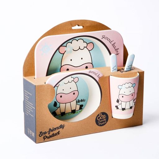 Набор детской посуды Коровка из бамбука, 5 предметов: тарелка, миска, стакан, столовые приборы - Крошка я фото 2