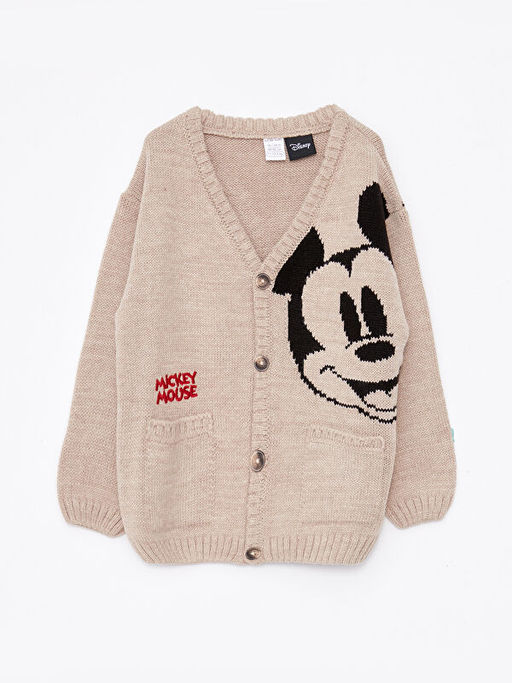 V Yaka Uzun Kollu Mickey Mouse Desenli Erkek Bebek Triko H?rka