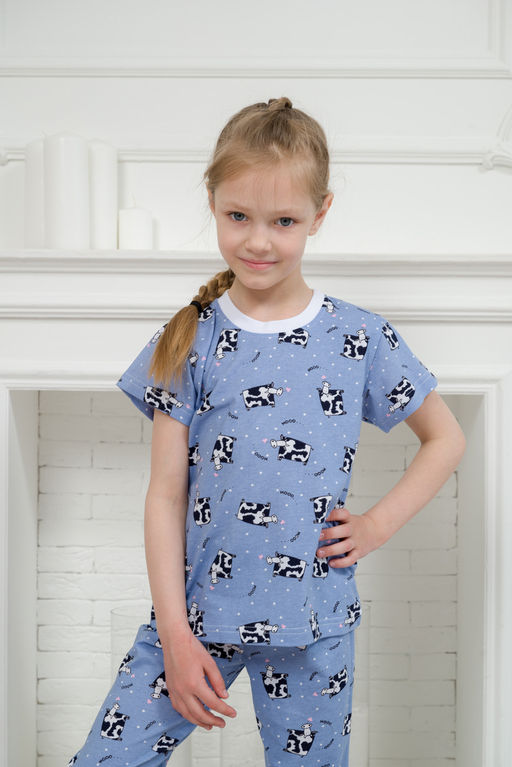 Пижама детская из футболки и брюк из кулирки Коровы голубой - Амадэль фото 9
