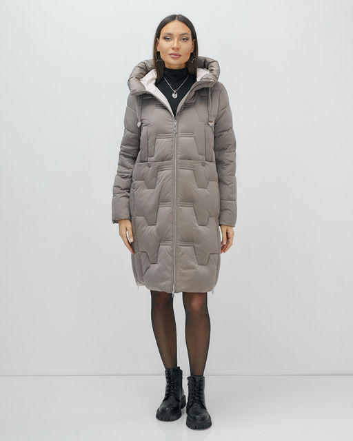 Пальто зимнее утепленное с капюшоном женское серого цвета 7638Sr - Visdeer фото 2