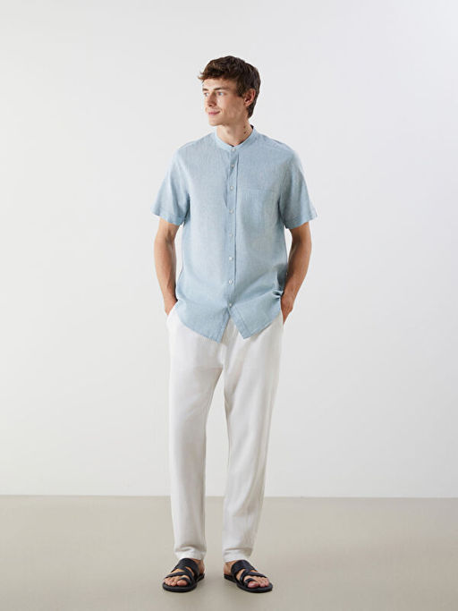 Regular Fit K?sa Kollu Keten Kar???ml? Erkek G?mlek