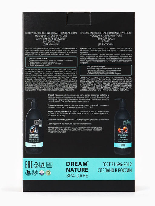 Подарочный набор мужской DREAM NATURE SPA CARE "Сила льда": шампунь 2 в 1 и гель для душа, по 500 мл