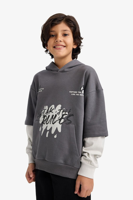 Kap__onlu Bask_l_ __i Yumu_ak T_yl_ Sweatshirt Erkek _ocuk - Defacto фото 4