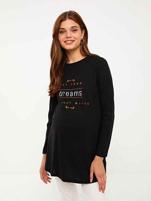 Bisiklet Yaka Bask?l? Uzun Kollu Hamile Tunik