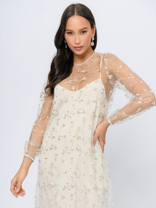 Платье бежевого цвета длины миди с цветочной вышивкой - 1001dress фото 7