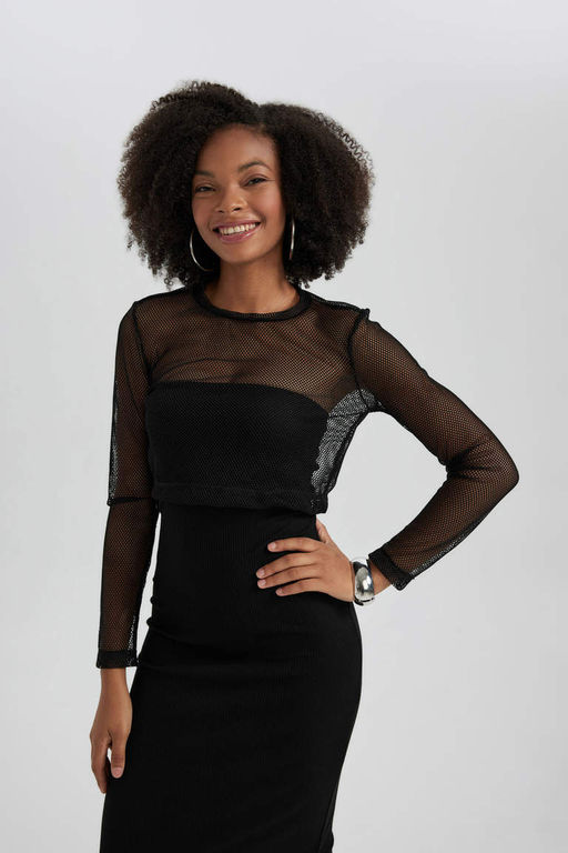 Укороченная сетчатая футболка с длинными рукавами - Defacto фото 4