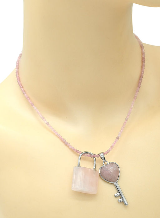 Парная подвеска Ключ - Замок 17*38мм, 20*32мм с розовы кварцем