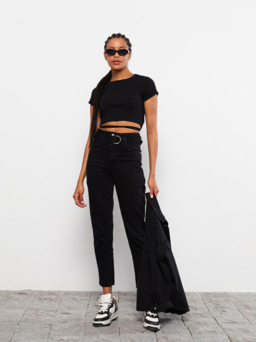 Y?ksek Bel Mom Fit D?z Cep Detayl? Kad?n Rodeo Jean Pantolon