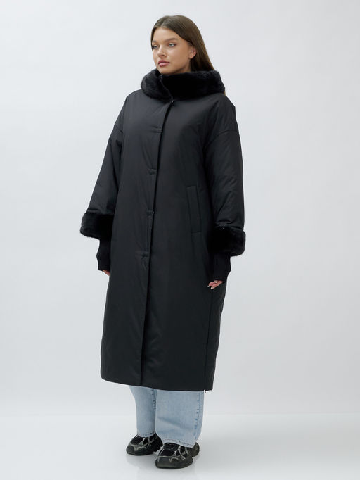 Пальто зимнее женское с норкой большого размера черного цвета 25008Ch - Mtforce фото 15