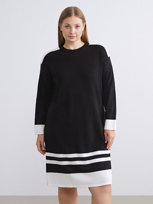 Bisiklet Yaka Renk Bloklu Triko Elbise