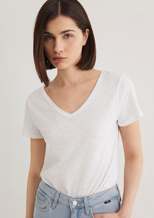 V Yaka Flaml? Beyaz Basic Tisort - Mavi фото 2