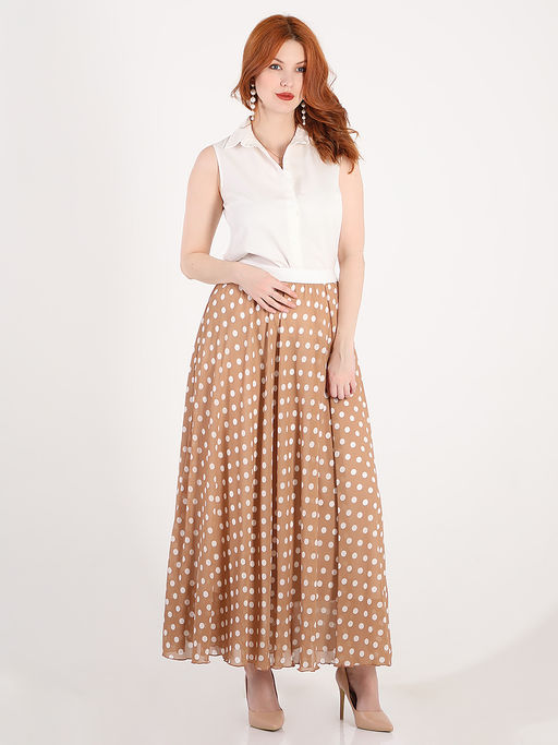 Юбка бежевая длинная в горох из шифона - Almond фото 6