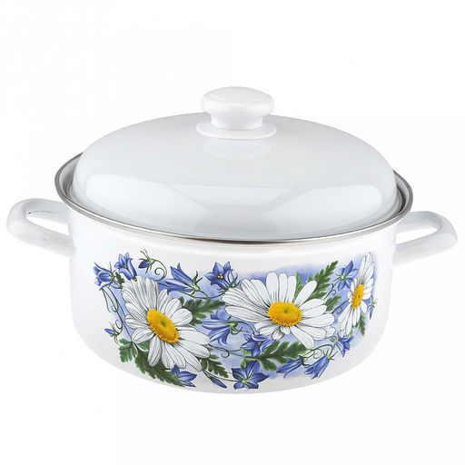 "Ромашковое поле" Кастрюля эмалированная 4,5л, форма цилиндрическая, металлическая крышка (Россия)