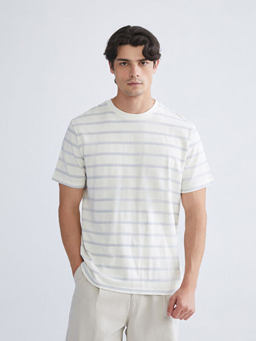 Bisiklet Yaka ?izgili Penye Erkek Ti??rt