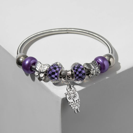 Цена за 2 шт. Браслет ассорти «Марджери» сова, цвет фиолетово-чёрный в серебре, d=6.5 см