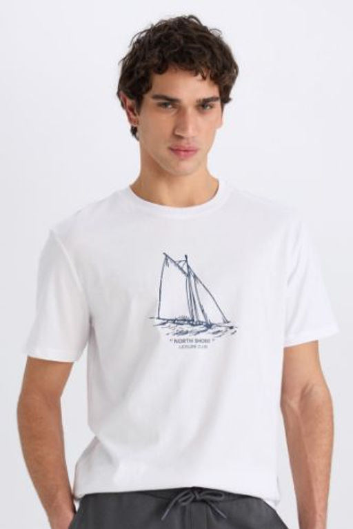 New Regular Fit Bisiklet Yaka Bask?l? K?sa Kollu Tisort