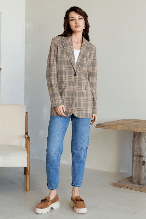 Песочный жакет клетка в стиле оверсайз