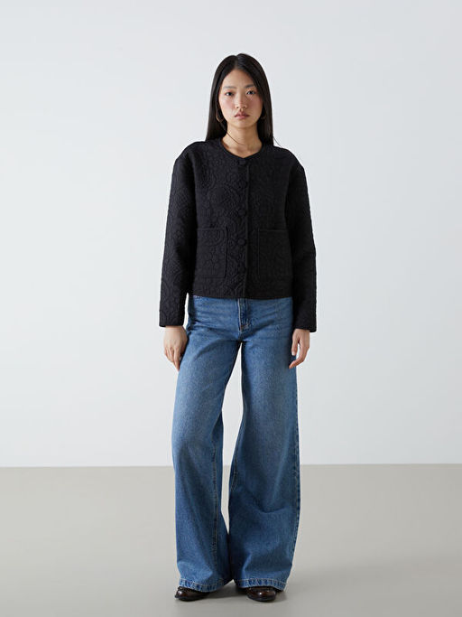 Bisiklet Yaka Kendinden Desenli Kad?n Ceket