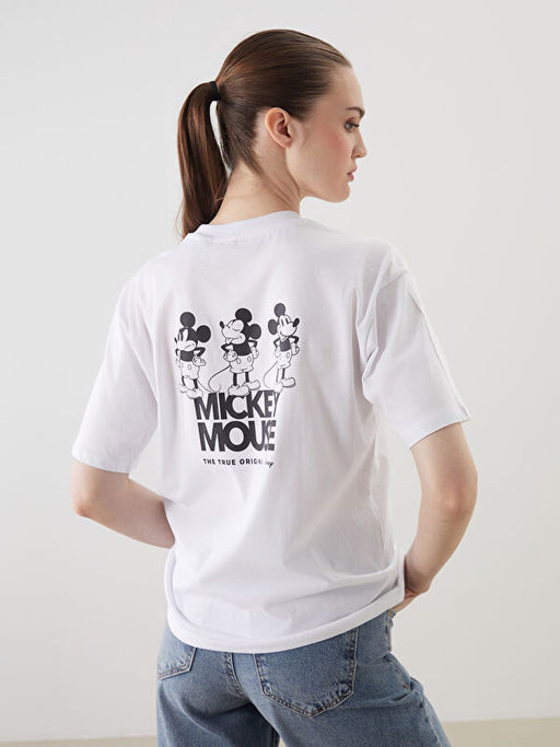 Bisiklet Yaka Mickey Mouse Bask?l? Oversize Kad?n Ti??rt