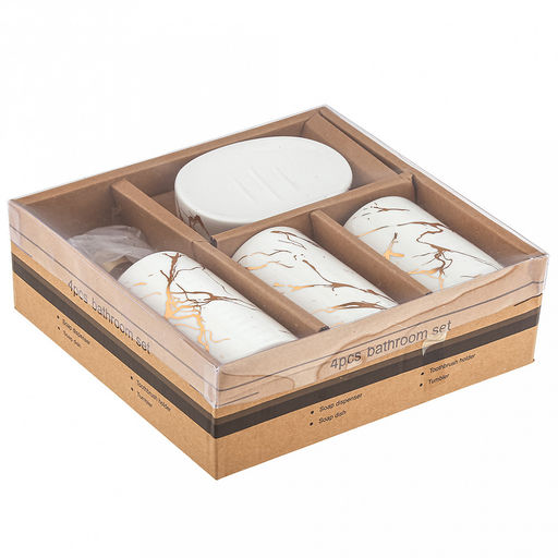 Набор для ванной "Мрамор" 4 предмета: дозатор для мыла 360мл, д7см, h17,8см; мыльница 11,3х7,8х2,4см; стакан для зубных щеток с разделителем 330мл, д7см, h10,7см, стакан 290мл, д6,3см, h11см; фурнитура пластик "под золото", глянцвая глазурь, белый/зо