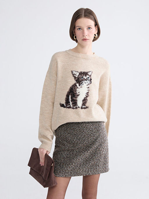 Bisiklet Yaka Bask?l? Kad?n Triko Kazak