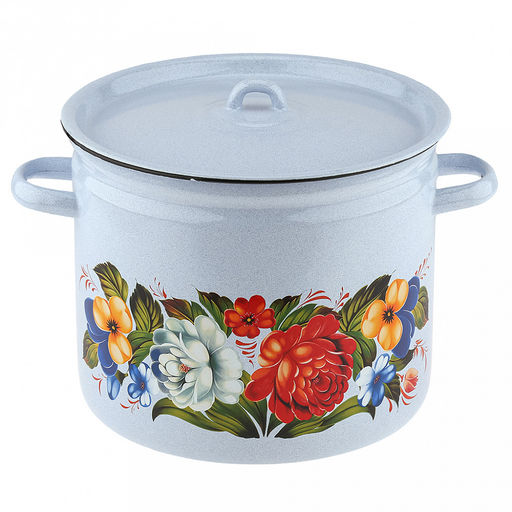 Татьяна Кастрюля эмалированная 9л, форма цилиндрическая, металлическая крышка, металлические ручки, белый рябчик (Россия)