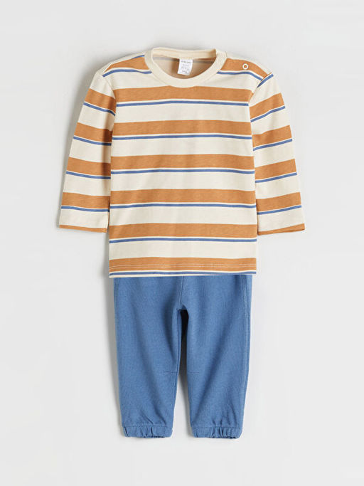 Bisiklet Yaka Uzun Kollu ?izgili Erkek Bebek Ti??rt ve E?ofman Alt? 2li