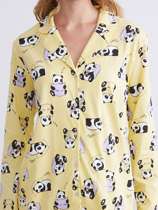 G?mlek Yaka Bask?l? Kad?n Pijama ?st?