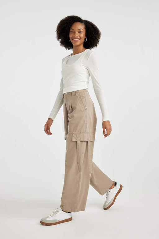 Габардиновые брюки стандартной длины с широкими карманами и высокой талией - Defacto фото 5