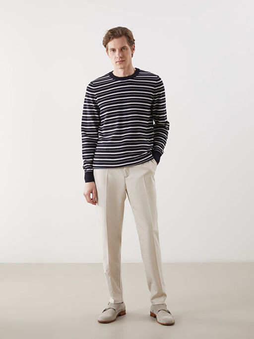 Bisiklet Yaka ?izgili Erkek Dokulu Triko Kazak