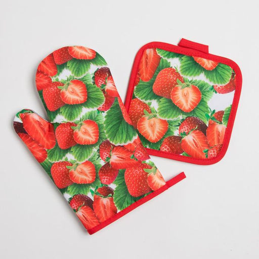 Кухонный набор Доляна Клубника вид 2, прихватка 17*17 см, рукавица 26*16 см,100% п/э  фото 2