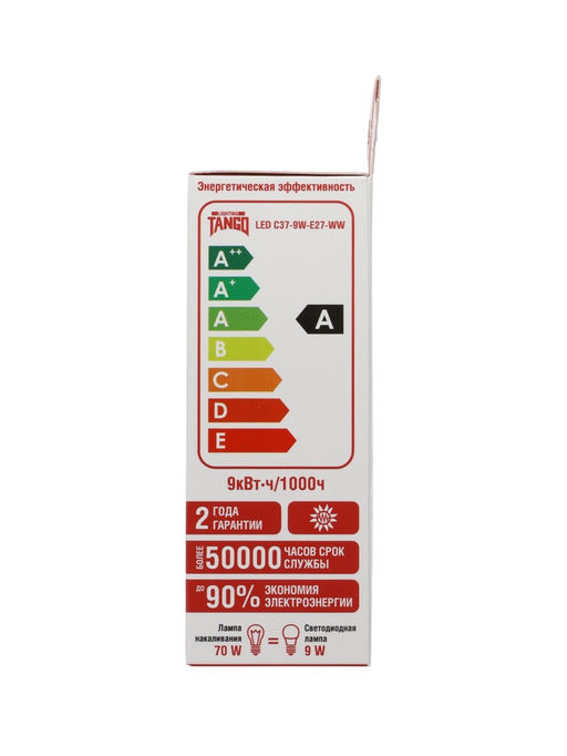 Цена за 2 шт. Лампа светодиодная TANGO, С37, 9 Вт, E27, 855 Лм, 6500K, IP20, свечение холодное белое, матовое стек