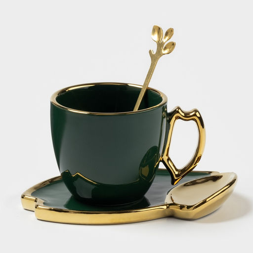 Чайная пара «Ливона», 3 предмета: чашка 160 мл, блюдце, ложка, керамика, изумрудная