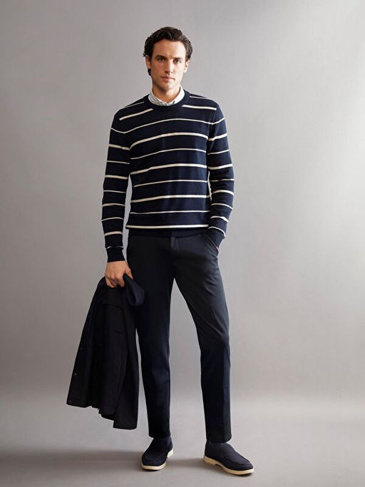 Bisiklet Yaka ?izgili Erkek Triko Kazak