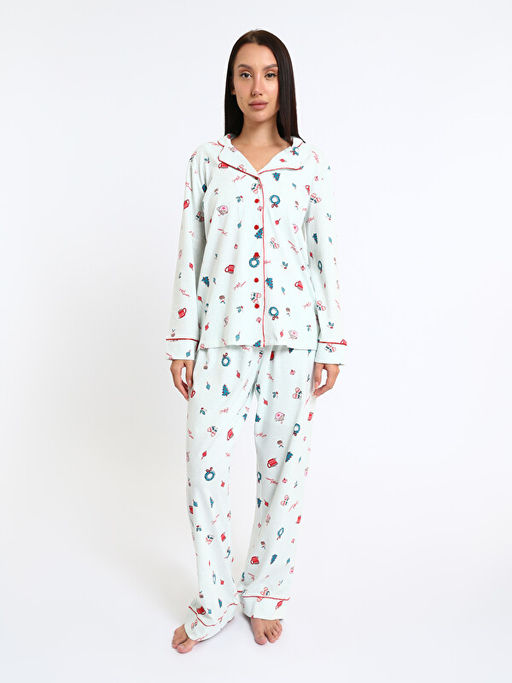 G?mlek Yaka Bask?l? Kad?n Pijama Tak?m?