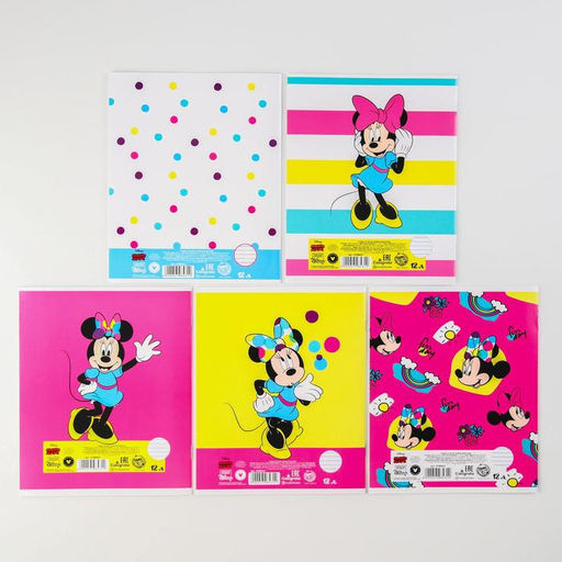 Цена за 10 шт. Тетрадь в линейку 12 листов, 5 видов МИКС, обложка мелованная бумага, «Минни Маус»