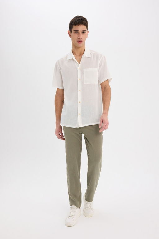 Relax Fit Polo Yaka Keten G_r_n_ml_ Yazl_k K_sa Kollu Beyaz G_mlek - Defacto фото 2