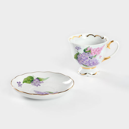 Чайная пара Добрушский завод «Сирень», 2 предмета: чашка 300 мл, блюдце d=15 см, фарфор, белая