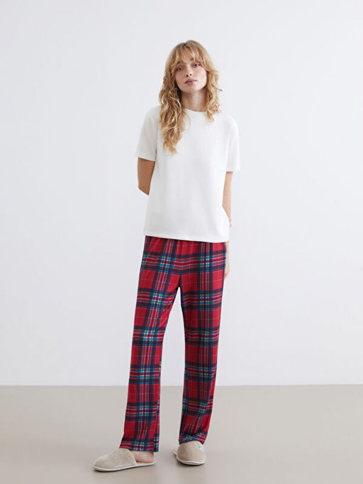 Beli Lastikli Ekose Kad?n Pijama Alt