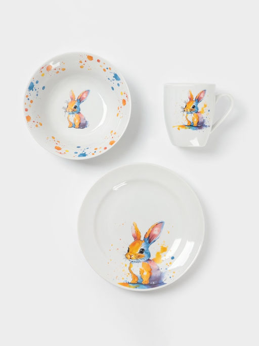 Набор детской посуды Дулевский фарфор Зайчик, 3 предмета: тарелка 175 мл, миска 360 мл, кружка 210 мл, белый