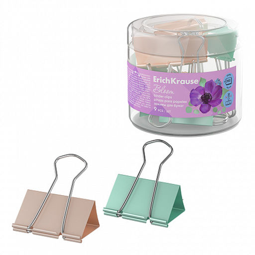 АКЦИЯ Цена за 1 шт. Зажимы для бумаг ErichKrause Pastel Bloom, 32 мм, ассорти (в пластиковой коробке, 9 шт.)