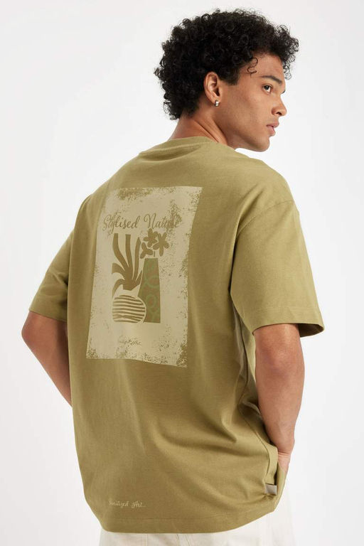 Boxy Fit Bisiklet Yaka S?rt Bask?l? Pamuklu K?sa Kollu Tisort - Defacto фото 2