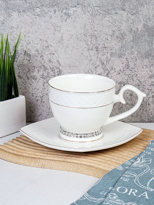 Чайная пара 2 предмета 260 мл на ножке со стразами / GA1-12G /уп 48/ костяной фарфор в подарочной упаковке - ГалеонТрейд фото 2