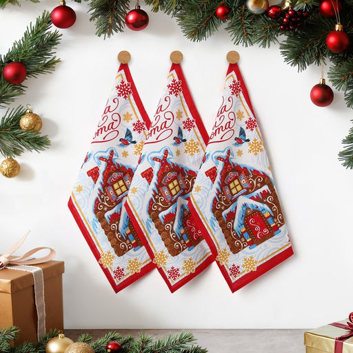 Набор новогодних полотенец Доляна Пряничный домик 35х60см-3штуки, 100% хлопок, вафельное полотно 162г/м2