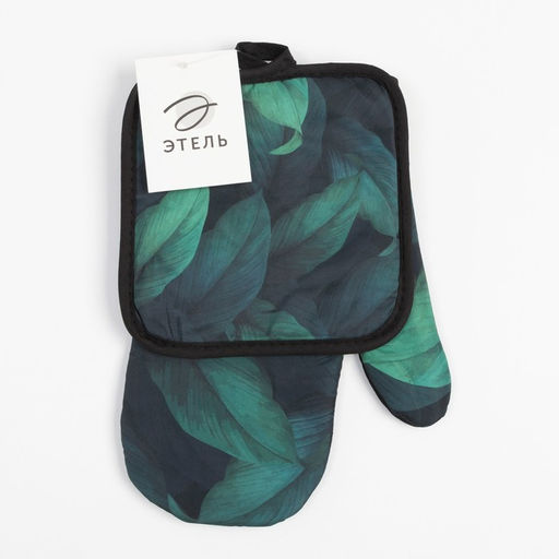 Кухонный набор (2 предмета) Этель Листья, прихватка 17х17 см, варежка 26х16 см, 100% п/э  фото 6