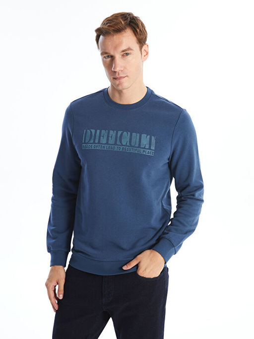 Bisiklet Yaka Uzun Kollu Bask?l? Erkek Sweatshirt