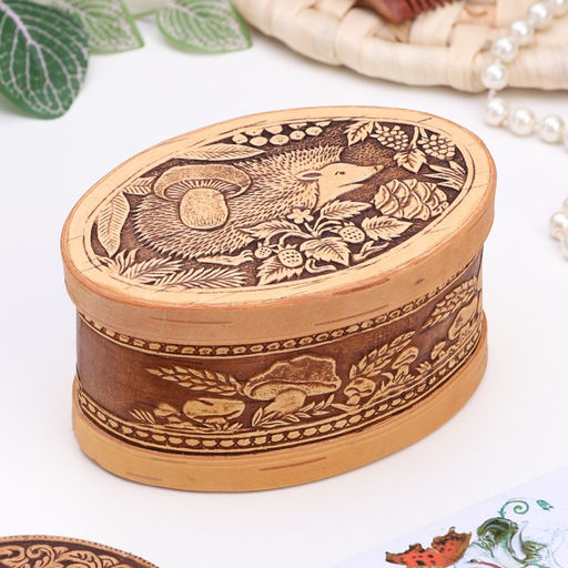 Шкатулка для украшений «Ёжик-чудак», овал, 12×8.5×6.5 см, береста