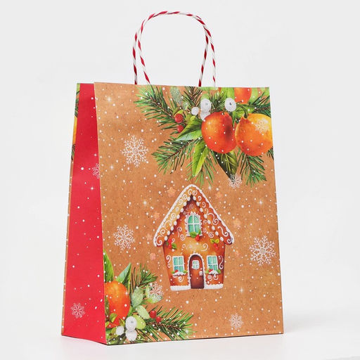 Пакет бумажный подарочный новогодний крафт «Пряничный домик» 18×22.3×10 см