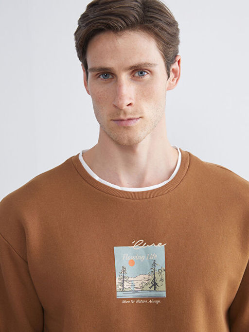 Bisiklet Yaka Bask?l? Erkek Sweatshirt